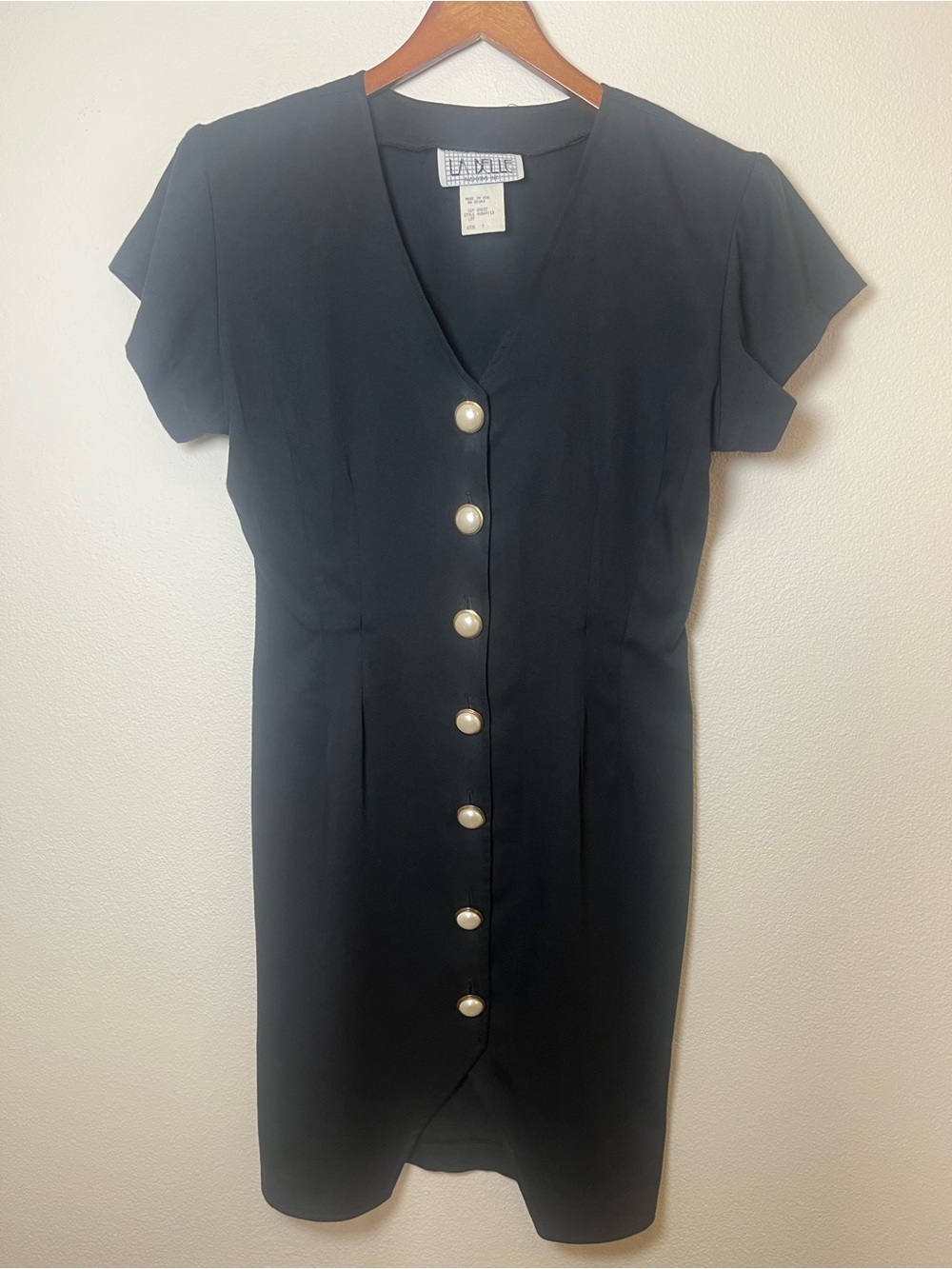 Vintage Black Button-Front Dress with Pearl Buttons and Shoulder Pads 1980-1990s